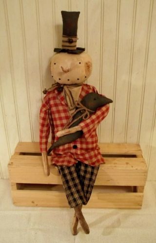 Primitive Grungy Christmas In July Snowman Doll & His Crow
