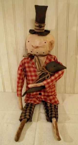 Primitive Grungy Christmas in July Snowman Doll & His Crow 4