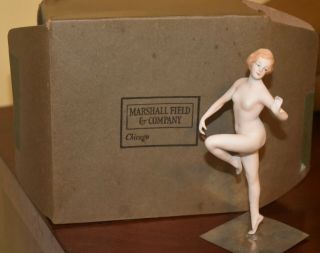 Vintage Bisque German Nude Bathing Beauty W/ Tin Stand & Box Rare