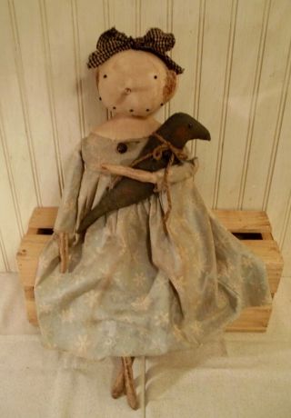 Primitive Grungy Christmas In July Lady Snowman Doll & Her Crow