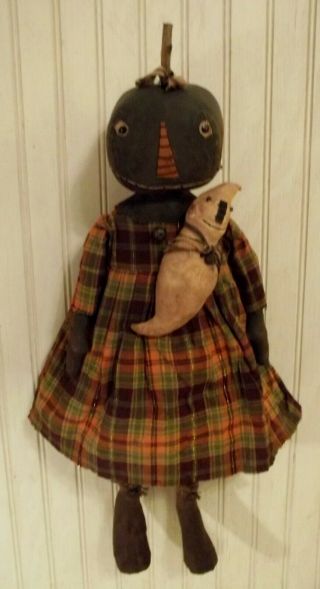 Primitive Grungy Black Pumpkin Lady Halloween Doll & Her Grubby Ghostie Ghost 5