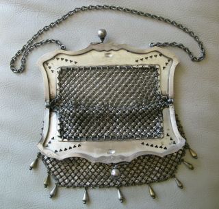 Antique Art Nouveau G Silver Floral Heart Pierced Frame 9 Drop Chain Mail Purse 10