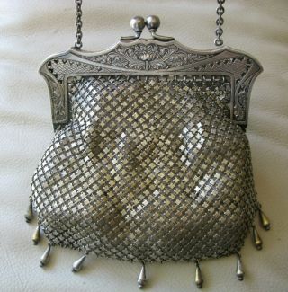 Antique Art Nouveau G Silver Floral Heart Pierced Frame 9 Drop Chain Mail Purse 7