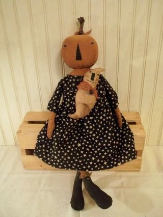 Primitive Grungy Orange Pumpkin Lady Halloween Doll & Her Little Ghostie Ghost