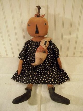 Primitive Grungy Orange Pumpkin Lady Halloween Doll & Her Little Ghostie Ghost 4
