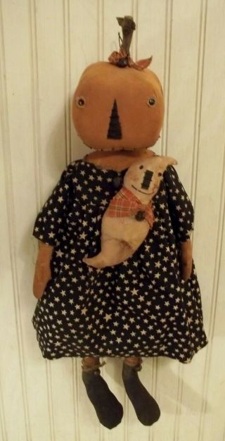 Primitive Grungy Orange Pumpkin Lady Halloween Doll & Her Little Ghostie Ghost 5