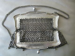 Antique Art Nouveau Silver Floral Frame Fancy Pattern 5 Ball Chain Mail Purse E 11