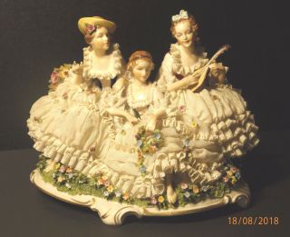 Large German Dresden Lace 3 Women With Mandolin Figurine,  Vg