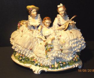 Large German Dresden Lace 3 Women with Mandolin Figurine,  VG 2