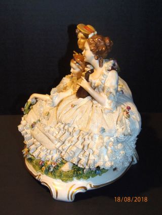 Large German Dresden Lace 3 Women with Mandolin Figurine,  VG 3