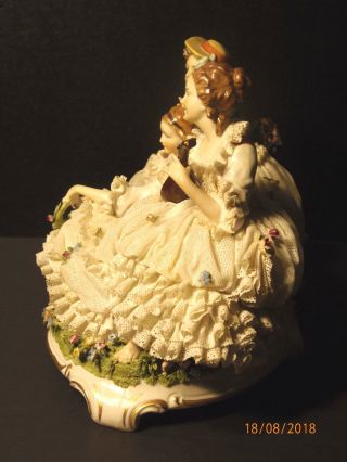 Large German Dresden Lace 3 Women with Mandolin Figurine,  VG 4