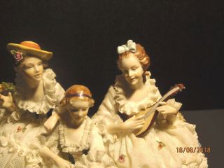 Large German Dresden Lace 3 Women with Mandolin Figurine,  VG 6