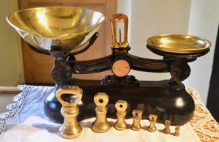 Vintage English Kitchen Scales Black Boots Cash Chemists 7 Brass Bell Weights