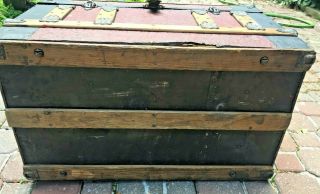 Antique 1875 Victorian Dome Top Steamer Trunk with Repousse Metal Art & Wheels 10
