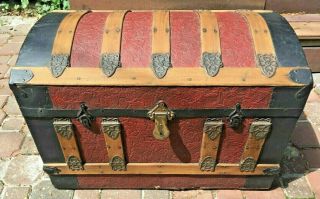 Antique 1875 Victorian Dome Top Steamer Trunk With Repousse Metal Art & Wheels