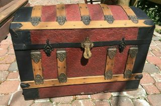 Antique 1875 Victorian Dome Top Steamer Trunk with Repousse Metal Art & Wheels 2