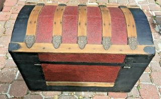 Antique 1875 Victorian Dome Top Steamer Trunk with Repousse Metal Art & Wheels 3