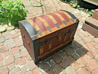 Antique 1875 Victorian Dome Top Steamer Trunk with Repousse Metal Art & Wheels 4