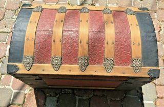 Antique 1875 Victorian Dome Top Steamer Trunk with Repousse Metal Art & Wheels 5