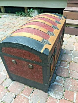 Antique 1875 Victorian Dome Top Steamer Trunk with Repousse Metal Art & Wheels 6
