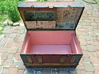 Antique 1875 Victorian Dome Top Steamer Trunk with Repousse Metal Art & Wheels 7
