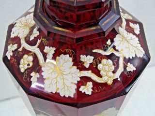 GORGEOUS ANTIQUE BOHEMIAN RED GLASS DECANTER WHITE ENAMEL GRAPES MOTIF 19C Moser 6