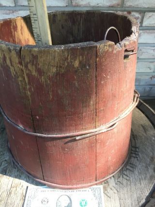 Primitive Vtg STAVED WOODEN SAP Syrup BUCKET OLD RED PAINT Hand Made Wood Bands 2