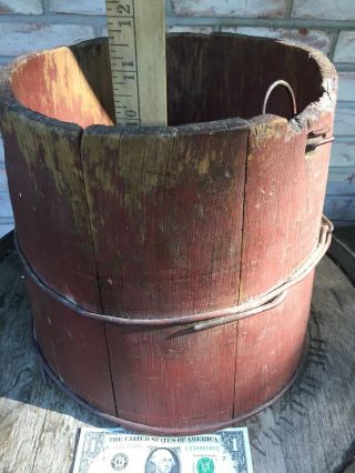 Primitive Vtg STAVED WOODEN SAP Syrup BUCKET OLD RED PAINT Hand Made Wood Bands 3