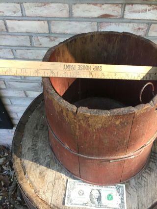 Primitive Vtg STAVED WOODEN SAP Syrup BUCKET OLD RED PAINT Hand Made Wood Bands 4