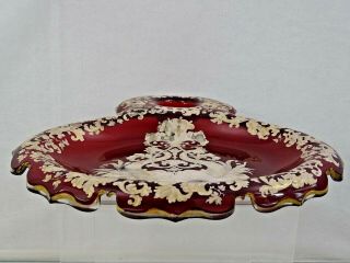 ANTIQUE BOHEMIAN RUBY RED GLASS TRAY INKWELL STAND inkstand ENAMEL GOLD Moser 11