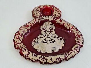 Antique Bohemian Ruby Red Glass Tray Inkwell Stand Inkstand Enamel Gold Moser