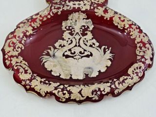 ANTIQUE BOHEMIAN RUBY RED GLASS TRAY INKWELL STAND inkstand ENAMEL GOLD Moser 3