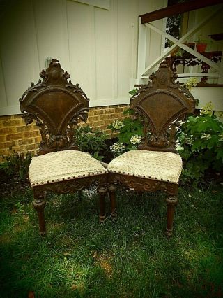 Rare Heavily Carved (pair) French Renaissance Fireside Chairs - Carved Cherubs