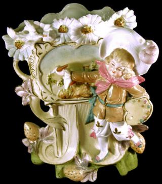 Rare Antique Schneider Sons German Bisque Tall Victorian Valentine Vase Figurine 7