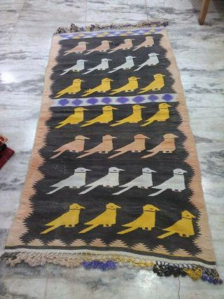 Vintage Cotton Dhurrie Durry Handmade India Rajasthan Black Pictorial 3.  4x6.  4 Ft