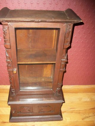 Antique Arts & Crafts Display & Storage Curio Cabinet Hand Carved Wood C1900