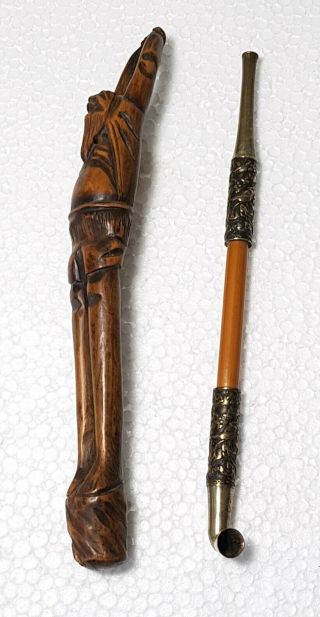 A Lovely Meiji Period Kiseru Smoking Pipe & Kiseruzutsu In The Form Of Ashinaga.