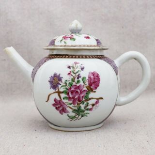 Antique 18th Century Chinese Export Enameled Porcelain Teapot Flowers Lattice