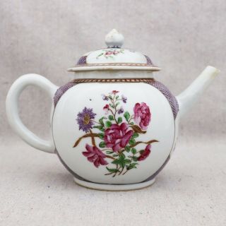 Antique 18th Century Chinese Export Enameled Porcelain Teapot Flowers Lattice 6