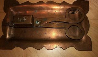 Rare Antique Roycroft Copper Scissor Candle Snuffer/wick Trimmer & Tray - Signed