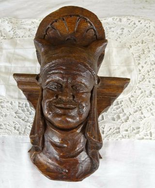Antique French Decorative Gohtic Hand Carved Wood Figurine Figure Mascaron Face