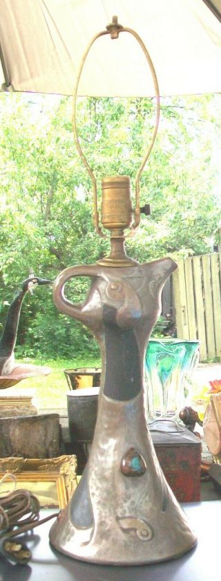 C.  1895 BRETBY ART NOUVEAU CLANTA POTTERY EWER FORM LAMP RUSKIN CABUCHONS 2