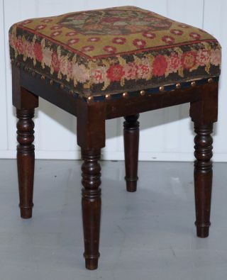Victorian Stained Pine Stool With Circa 1920 Needlepoint Kilim Upholstery Rare
