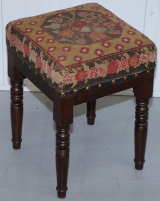 VICTORIAN STAINED PINE STOOL WITH CIRCA 1920 NEEDLEPOINT KILIM UPHOLSTERY RARE 2