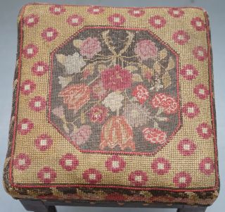VICTORIAN STAINED PINE STOOL WITH CIRCA 1920 NEEDLEPOINT KILIM UPHOLSTERY RARE 5