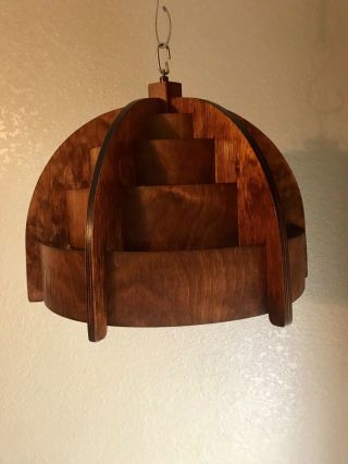 Vtg Atomic Space Age Mid Century Modern Walnut Wooden Hanging Ceiling Shade Only 3