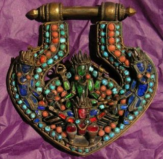 Antique Tibet - Nepal Jewelry Large Pendant,  3 Taras & Garuda,  Coral & Turquoise