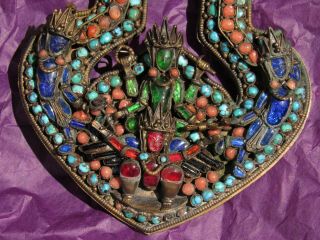 ANTIQUE TIBET - NEPAL JEWELRY LARGE PENDANT,  3 TARAS & GARUDA,  CORAL & TURQUOISE 2