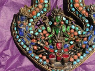 ANTIQUE TIBET - NEPAL JEWELRY LARGE PENDANT,  3 TARAS & GARUDA,  CORAL & TURQUOISE 3