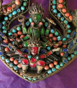 ANTIQUE TIBET - NEPAL JEWELRY LARGE PENDANT,  3 TARAS & GARUDA,  CORAL & TURQUOISE 4